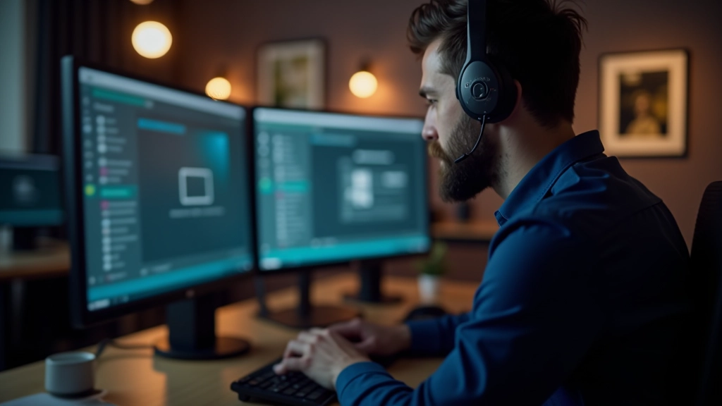 Techniker bei Fernzugriff-Sitzung, moderner Schreibtisch mit Monitoren, professionelle IT-Umgebung