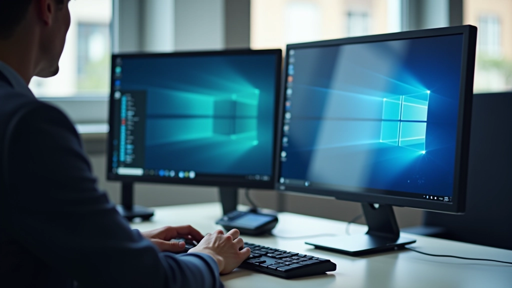 Fernzugriff-Software auf Monitor, Hände auf Tastatur, modernes Büro